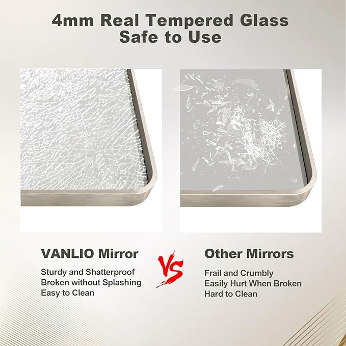 32x36 Inch Brushed Nickel Bathroom Mirror, Brushed Silver Metal Framed Wall Mirror, Rounded Corner Rectangle Modern Vanity Mirror, Tempered Glass, Anti-Rust, Shatterproof (Horizontal/Vertical)