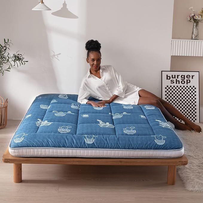 MAXYOYO Grey Cactus Pattern Full Size Futon Mattress, Quilted Bed Mattress Topper, Extra Thick Folding Sleeping Pad, Breathable Floor Lounger, Guest Bed for Camping, Couch