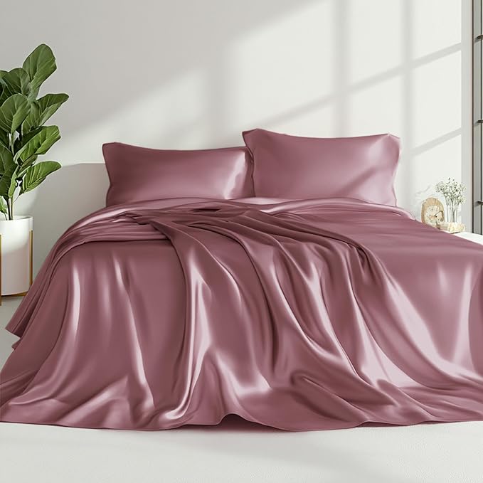 Love's cabin Full Size Satin Sheet Sets - 4 Piece Rose Taupe Silky Sheet Set Full with Deep Pocket, Luxury Silk Feel Bed Sheets Full Bedding Set (1 Flat Sheet,1 Fitted Sheet,2 Pillow Cases)