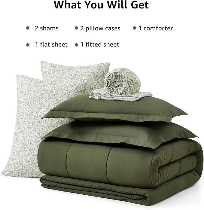 Monbix King Size Comforter Set - 7 Pieces Bed in a Bag King, Olive Green Track Stitching Bedding Sets, All Seasons Down Alternative Comforter Bed Set with Sheets, Pillowcases & Shams