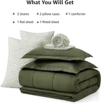 Monbix Full Comforter Set - 7 Pieces Olive Green Bed in a Bag Full Size Track Stitching Bedding Sets, All Seasons Down Alternative Comforter with Sheets,Pillowcases & Shams