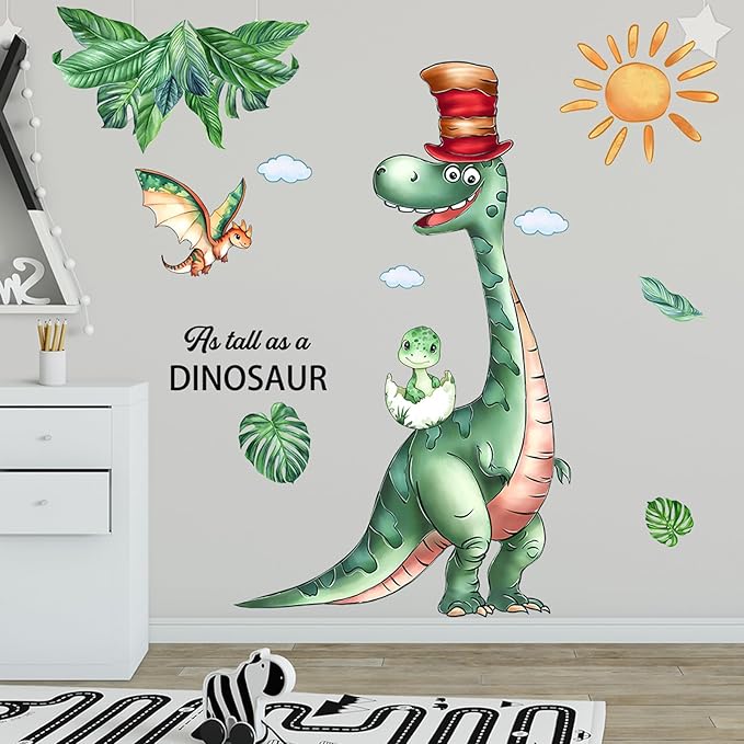 Summer Dinosaurs Wall Stickers Decals Kid Room Nursery Baby Bedroom Décor (Dinosaur with Hat)