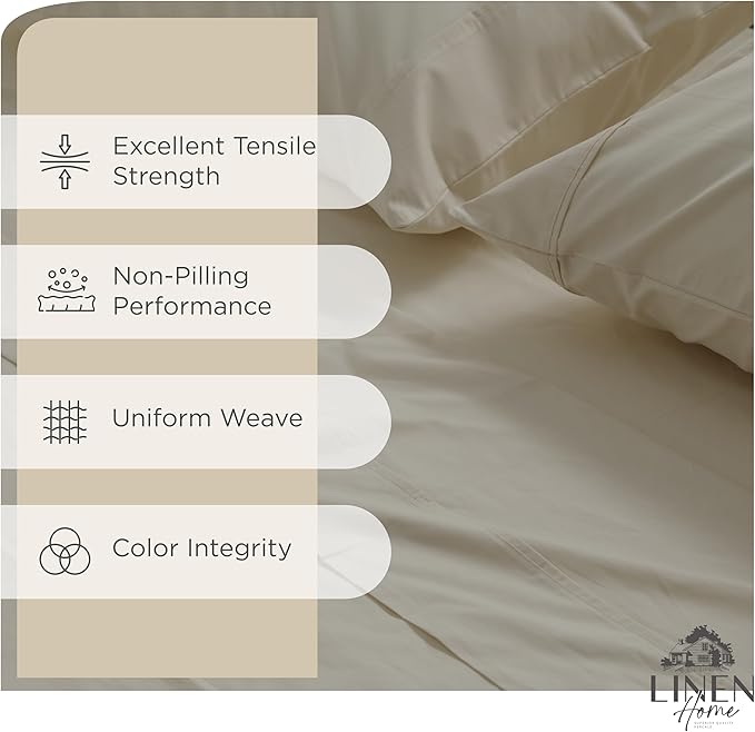 Linen Home 100% Cotton Percale Sheets Full Size, Light Taupe, Deep Pocket, 4 Pieces Set - 1 Flat, 1 Deep Pocket Fitted Sheet and 2 Pillowcases, Crisp Cool and Strong Bed Linen