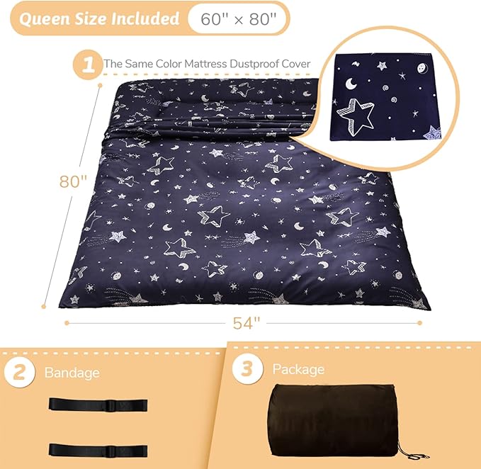 MAXYOYO Navy Star Futon Mattress Japanese Floor Mattress Tatami Floor Mat Foldable Bed Portable Camping Mattress Kids Sleeping Pad Floor Lounger Couch Bed Queen Size