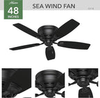 Hunter 48 inch Outdoor or Indoor Ceiling Fan No Light - Low Profile Mount, Black Ceiling Fan without Light, For Patio, Porch, Garage, or Living Room, 5 Blades, Pull Chain - Sea Wind 53118, Matte Black