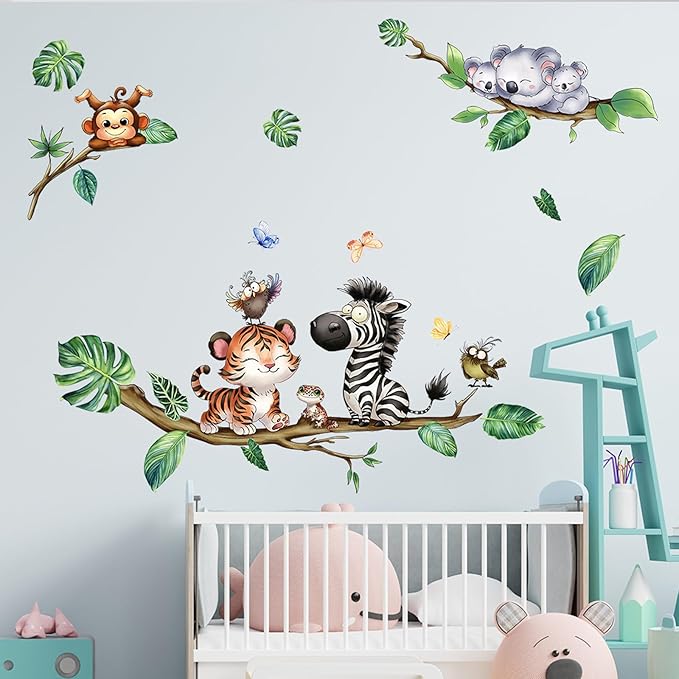 Cartoon Animal Wall Stickers Forest Safari Wall Decals Kid Room Nursery Baby Bedroom Décor (Cute Tiger Zebra)