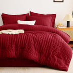 CozyLux Queen Comforter Set Dark Red Seersucker 7 Pieces Bed in a Bag Queen Comforter Set with Sheets, Luxury Soft Bedding Set with Down Alternative Comforter, Sheets, Pillowcases & Shams All Seasons