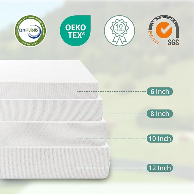 EGO White 10 Inch Short Queen Memory Foam RV Mattress, Cooling Gel Green Tea Mattress for RVs, Campers & Trailers, Bed in a Box, CertiPUR-US Certified, 60"x75", Medium Firm