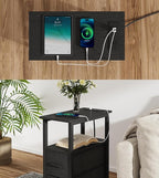 Narrow Side Table for Small Spaces, Skinny End Table with Charging Station, Sofa Beside Table with 2 Fabric Drawers and 1 Open Compartment, Slim Nightstand with USB Ports Outlet, Black UTBT004B