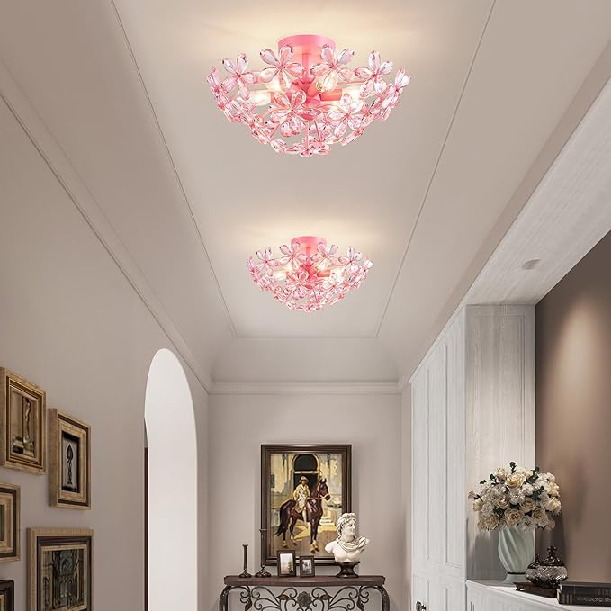 WUZUPS Crystal Chandelier Flushmount Ceiling Light Modern Lighting Fixture for Bedroom Hallway Bar Kitchen Bathroom, H 8.9" x W 17.7", Pink, E12 Base