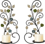 Wall Sconces Candle Holder Set of 2, Antique White Leaf and Multi-Color Flower Branch Wall Mount Hanging Metal Wall Candle Holder Candle Sconce for Living Room Dining Room