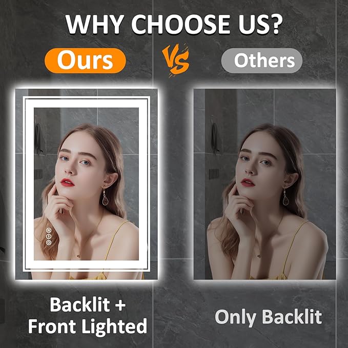 32" x 24" LED Bathroom Mirror with Lights, Front and Backlit Mirror, Anti-Fog Lighted Vanity Mirror, Stepless Dimmable, 3 Colors LED Mirror (Horizontal/Vertical)