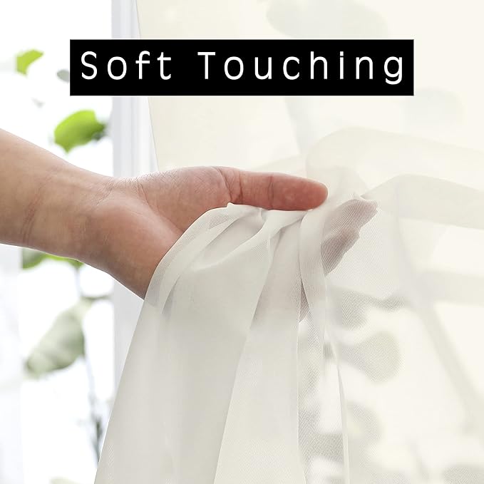 OWENIE Ivory Sheer Valance for Kitchen Windows Set of 2, Small Modern Rod Pocket Voile Valance Curtain Window Treatment Decor for Living Room Bathroom Cafe Laundry Basement, 42" W x 14" L