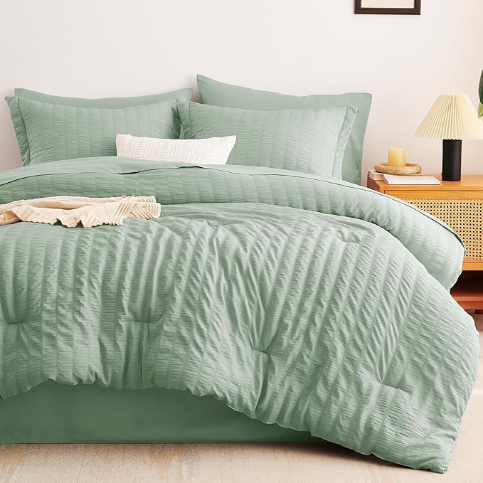 CozyLux King Size Comforter Set Sage Green Seersucker 7 Pieces Bed in a Bag King Comforter Set with Sheets, Luxury Bedding Set with Down Alternative Comforter, Sheets, Pillowcases & Shams All Seasonss