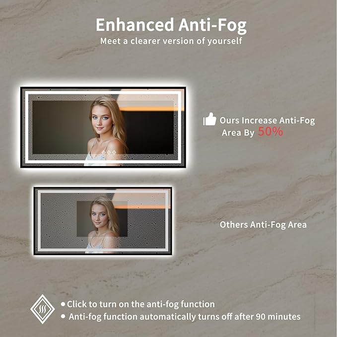 Lighted Vanity Mirror, 72x36 Inch Black Framed Gradient Front and Backlit Bathroom Mirrors for Vanity, 3 Colors Dimmable CRI>90, IP54 Enhanced Anti-Fog Wall Mounted LED Vanity Mirror