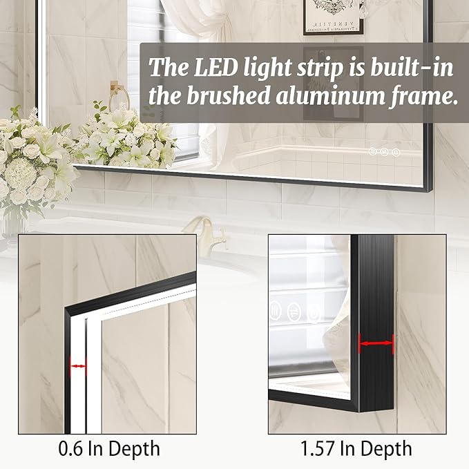 32x32 Inch LED Bathroom Mirror, Black Metal Framed Lighted Mirror for Bathroom, Wall Mouted LED Vanity Mirror with Lights, 3 Colors and Stepless Dimmable, Anti-Fog, Memory