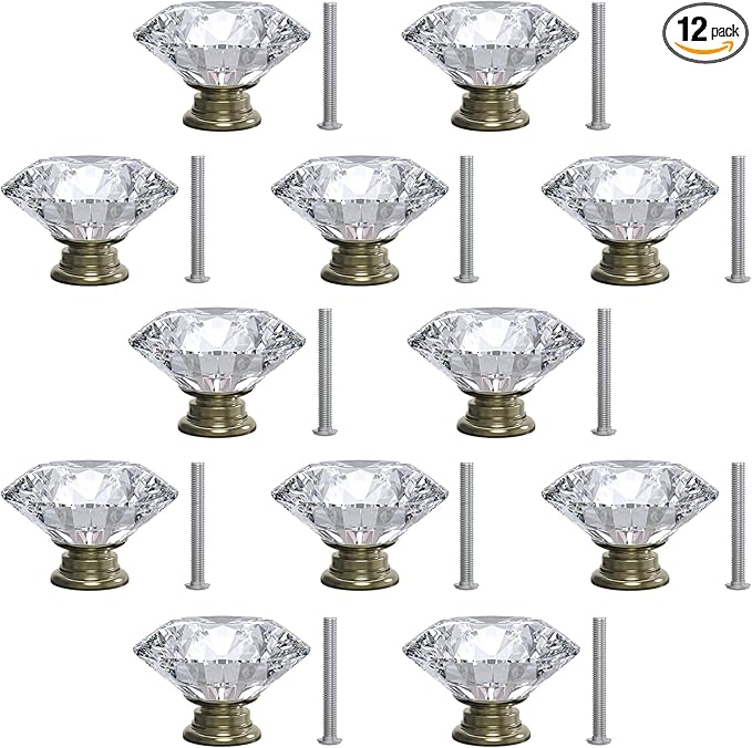 12-Pack Crystal Glass Cabinet Knobs for Home Decor, Vanity Drawers, Desks, Wardrobe Doors, Standard Screws Easy Installation for Home Refurbishment and Redecoration (Clear Crystal, 30mm, Bronze Base)