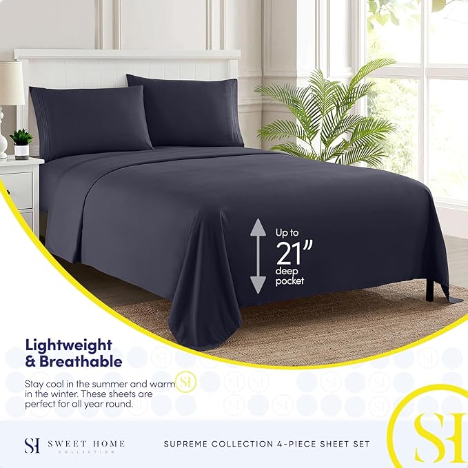 Twin Sheets - Breathable Luxury Sheets with Full Elastic & Secure Corner Straps Built In - 1800 Supreme Collection Extra Soft Deep Pocket Bedding Set, Sheet Set, EXTRA DEEP pocket - Twin, Navy