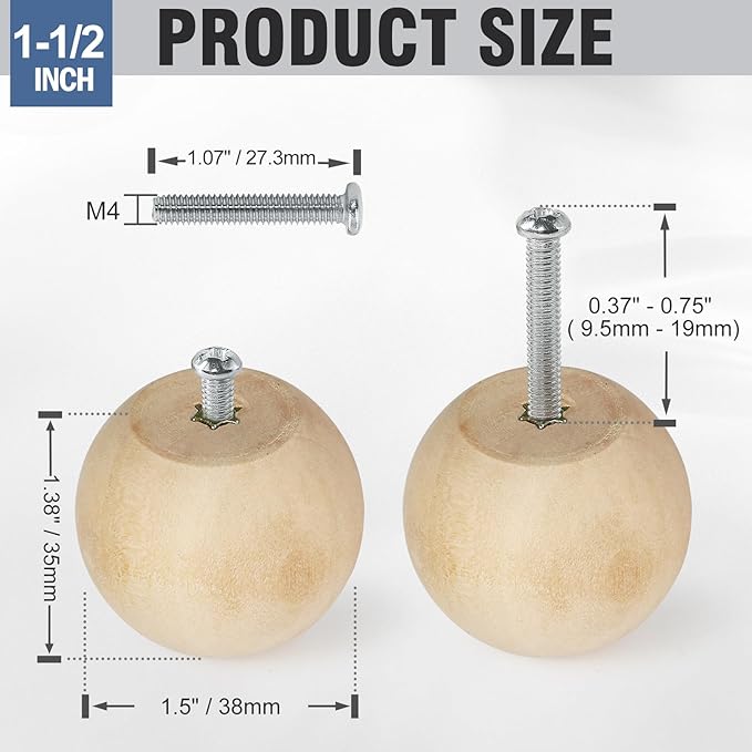 FoDau770 30pcs Unfinished Wood Knobs, Round Ball Cabinet Knobs Vintage Drawer Pulls, Natural Wooden Cabinet Hardware for Furniture Drawer Dresser Wardrobe Cupboard - 1-1/2" Diameter
