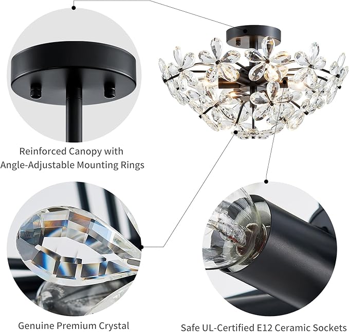 WUZUPS Crystal Chandelier Flushmount Ceiling Light Modern Lighting Fixture for Bedroom Hallway Bar Kitchen Bathroom, H 8.9" x W 17.7", Black, E12 Base