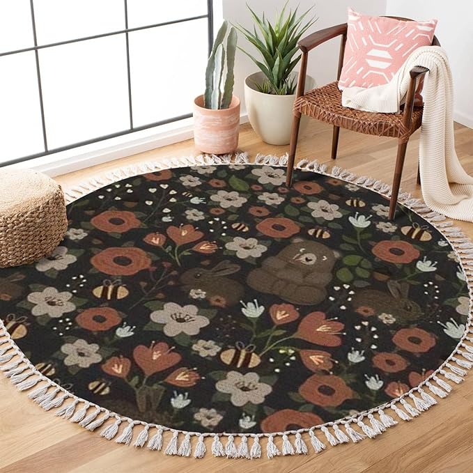 Round Rugs Bear Forest Bunny Rabbit Furry Animal Watercolor Flower Scandinavian Boho Area Rug Linen and Cotton Carpet Meditation Washable Hallway Runner Mat Accent for Bedroom Bathroom 3ft
