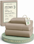 LANE LINEN 100% Organic Cotton Sheets Set Pure Long- Staple Percale Weave - Bedding for Bed Fits Mattress Upto 15in Deep Pocket (Twin Taupe)