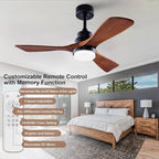 BOJUE 42 Inch Black Ceiling Fans with Lights and Remote,Dimmable LED Light,Quite Reversible DC Motor,Memory Function,Modern Solid Wood Indoor Outdoor Ceiling Fan with Light for Office Patios