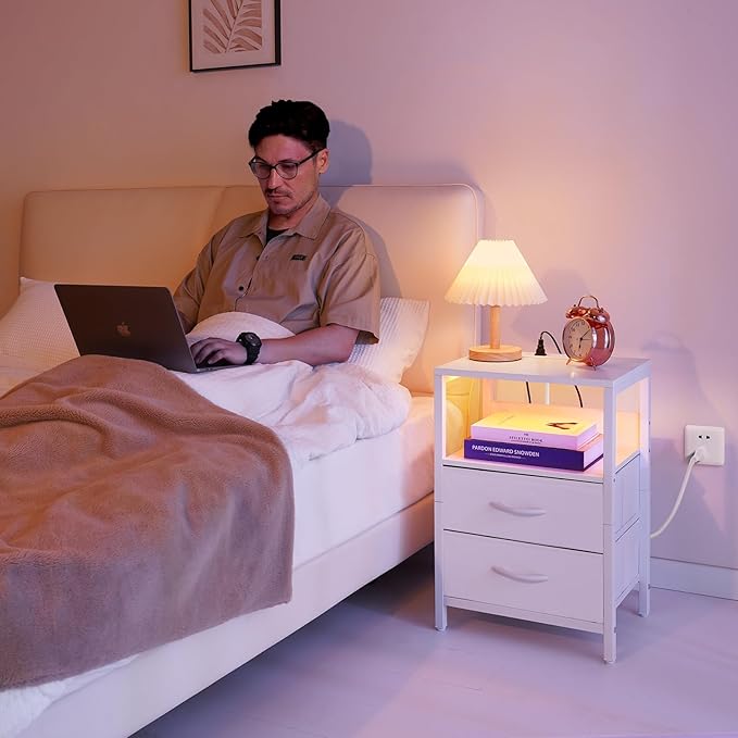 Yoobure Nightstand with Charging Station, LED Night Stand with Fabric Drawers and Storage Shelf for Bedroom, Nightstands Bedside Tables with USB Ports & Outlets, Small Night Stands, Bed Side Table