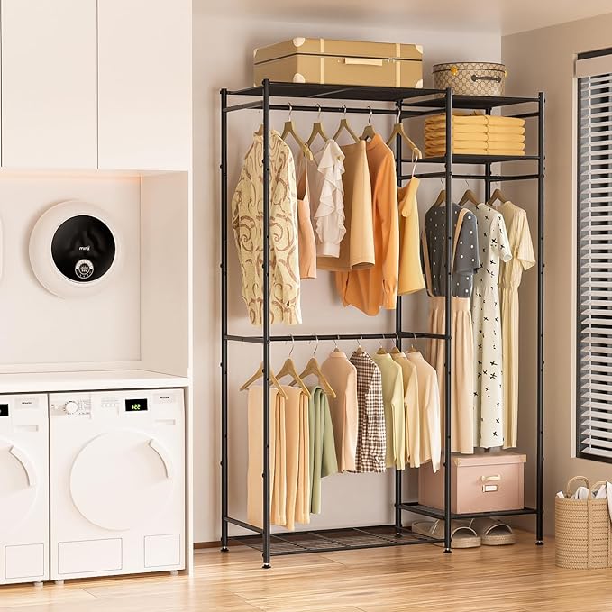 Neprock Portable Closets for Hanging Clothes, Freestanding Clothing Rack with 3 Hang Rods & 5 Shelves, Metal Wardrobe Garment Rack for Bedrooms