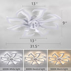Modern Ceiling Fan with Lights Remote Control, 32" White 6 Speeds 3 Light Color Low Profile Flush Mount Ceiling Fan for Kitchen Bedroom