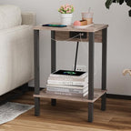 VIMBER Set of 2 End Table with Charging Station, Narrow Side Table with USB Ports and Outlets, Nightstands with 2-Tier Storage Shelves, Sofa Table for Small Space Living Room Bedroom, Greige