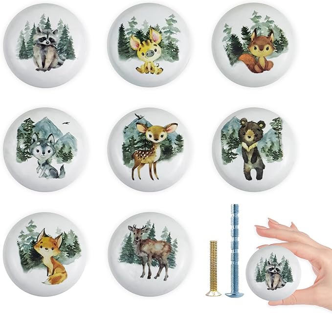 8Pack1.5 Safari Animals Ceramic Cabinet Knob Handle Nursery Kids Woodland Deer Animal Furniture Cupboard Dresser Drawer Pulls and Knobs
