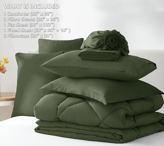 CozyLux Queen Comforter Set Olive Green - Bed in a Bag Queen Size 7 Pieces, Luxury Soft Bed Set for All Seasons, Bedding Set with Down Alternative Comforter, Sheets, Pillowcases & Shams