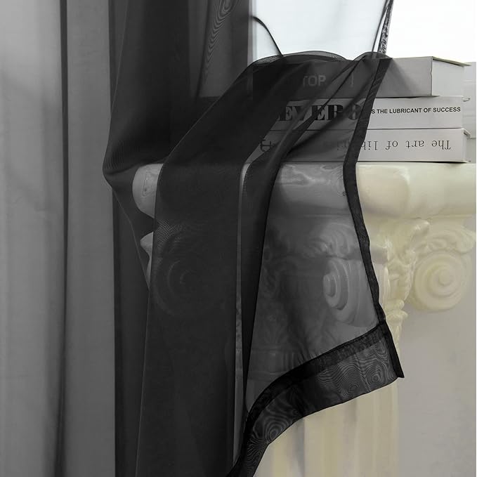HUTO Black Sheer Curtains 63 Inch Length for Bedroom Rod Pocket Sheer Window Panels for Nursery Living Room, 52" Wx63 L,Set of 2