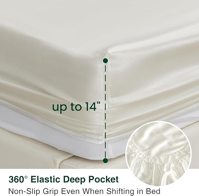 Love's cabin Twin Silky Soft Satin Bed Sheet Set - 3 Piece, Ivory, Luxury Fitted & Flat Sheets, Deep Pockets, Envelope Closure, 1800 Thread Count, Cooling, Breathable, Hypoallergenic