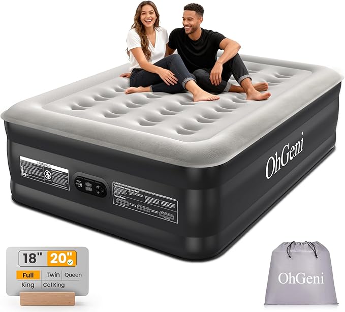 OhGeni 20" Full Air Mattress with Built in Pump, Blow up Mattresses, Colchones Inflables Airbed for Guests, Ideal for Elder People Home Use, Knee-Friendly Design, 600LBS