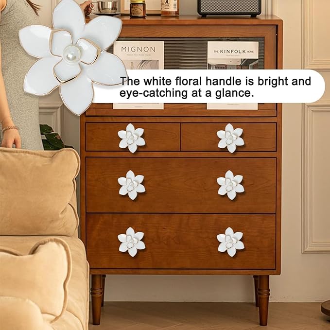 4 Pcs Petal Cabinet Knobs，Zinc Alloy Flower Shape Single Hole Knob with Screws for Dresser Handles Cabinet Wardrobe Door Handle Decorative Furniture (White Flower Pearl)