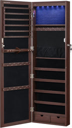 SONGMICS 6 LEDs Mirror Jewelry Cabinet, 47.2-Inch Tall Lockable Wall or Door Mounted Jewelry Armoire Organizer with Mirror, 2 Drawers, Christmas Gift, 3.9 x 14.6 x 47.2 Inches, Brown