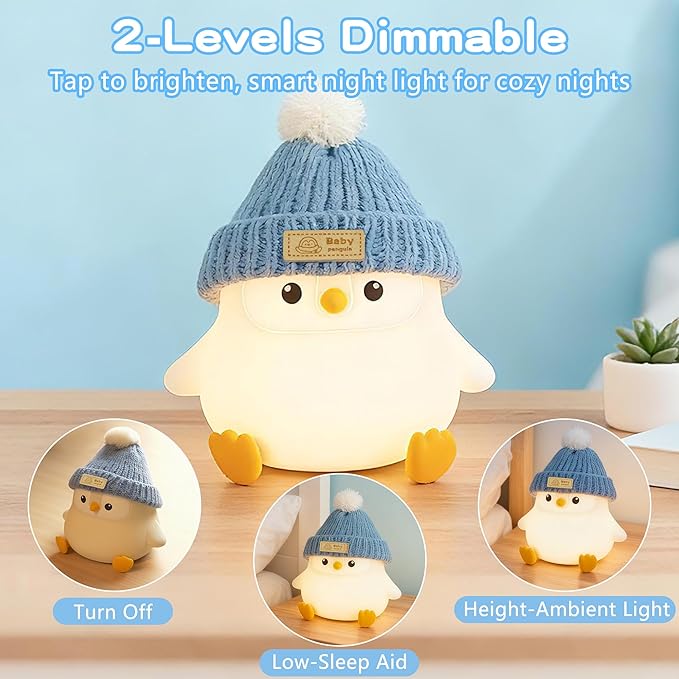 Penguin Lamp with Knit Hat,Kawaii Penguin Night Light,Food Grade Silicone,Dimmable Nursery Nightlight,LED Squishy Novelty Animal Lamp,Kids Room Decor,Funny Gifts for Kids Boys Girls Baby