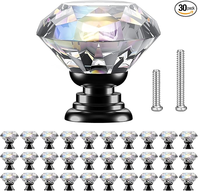 POZEAN Crystal Cabinet Knobs 30Pack, 1.18inch Dresser Knobs for Cabinet, Drawer with Two Different Sizes Screws, Diamond Glass Pulls Handles (30mm, 30Pack, Clear-Black)