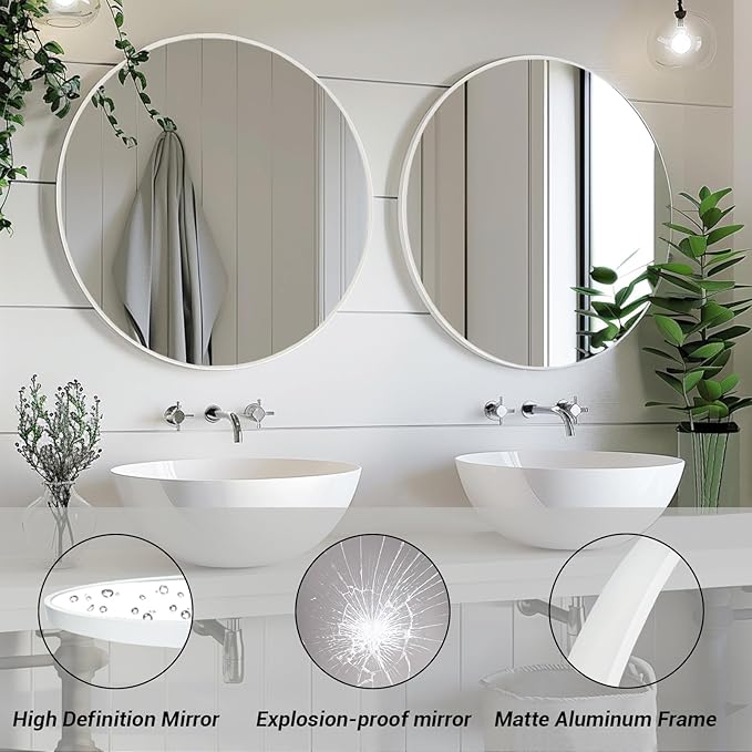 White Round Mirror 30 inch, Large Round Mirror, Bathroom Mirror Matte Metal Frame, Circle Mirrors for Living Room, Bathroom, Wall, Hallway.