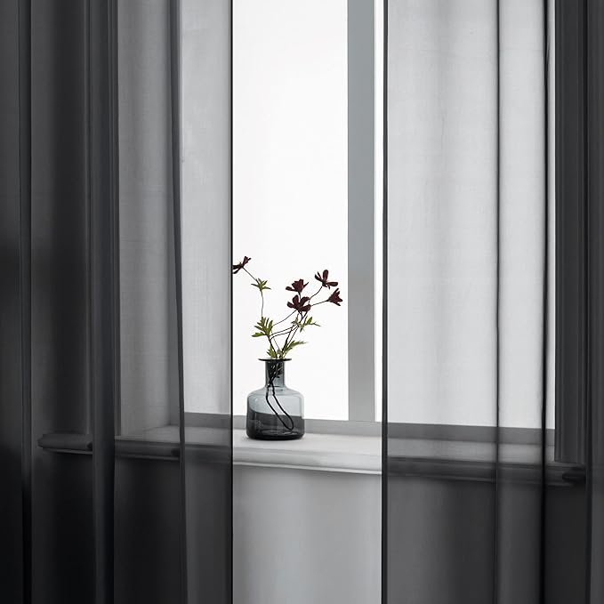 DUALIFE Black Sheer Curtains 54 Inch Length for Basement Windows Set of 2 Panels Grommet Semi Translucent Short Curtains for Small Windows Kitchen Bedroom Bathroom 52x54 Inches Long