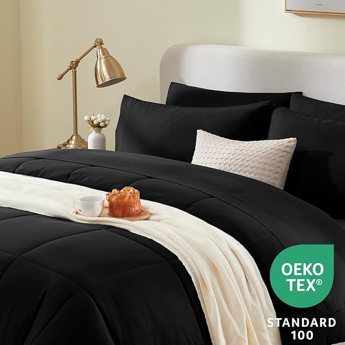 CozyLux Full Size Comforter Sets Black, 7 Pieces Bed in a Bag, Black Comforter Full Size, All Season Bedding Sets with Stitch Quilted Comforter, Flat Sheet, Fitted Sheet, Pillowcases