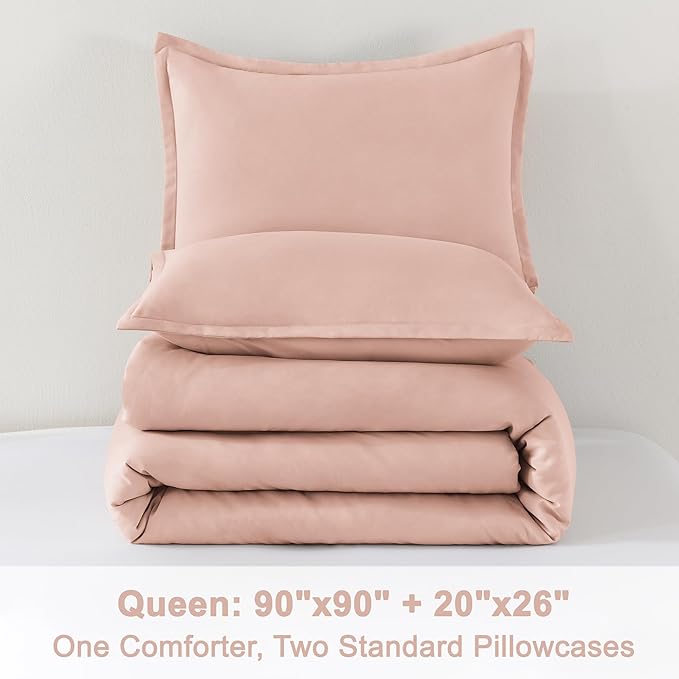 Litanika Pink Queen Size Comforter Set, 3 Pieces Blush Plain Bedding Comforter Set, All Season Bed Set (90x90In Comforter & 2 Pillowcases)
