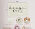 Christian Bible Verse Scripture Rectangular Banner Flag Wall Sign Decor Gift for Baby Girl Women-Nursery Baby Room Bedroom Decor-Baby,Shower Birthday Christmas Gift-She Is More Precious Than Rubies