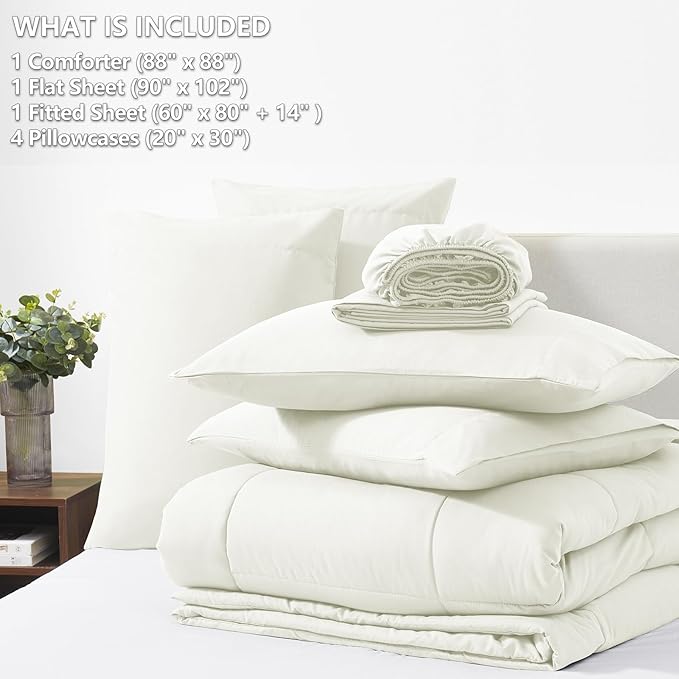 CozyLux Queen Size Comforter Set Ivory - 7 Pieces Bed in a Bag, Cream Off White Comforter Queen Size, Bedding Sets with All Season Quilted Comforter, Flat Sheet, Fitted Sheet, Pillowcases