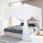 South to East White Canopy Bed Curtains, 4 Corner Post Bed Canopy for Girls & Adults, Top Luxurious Bed Drapes for Bedroom Decoration, 4 Openings, 100% Ripstop Polyester, Easy Install, King/Queen Size