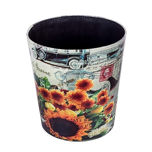 Leather Trash Can, Retro Decorative Waste Basket, 10L Capacity Small Waste Paper Basket, Waterproof Garbage Can for Bathroom, Bedroom, Office, Kitchen and Living Room - Sunflower
