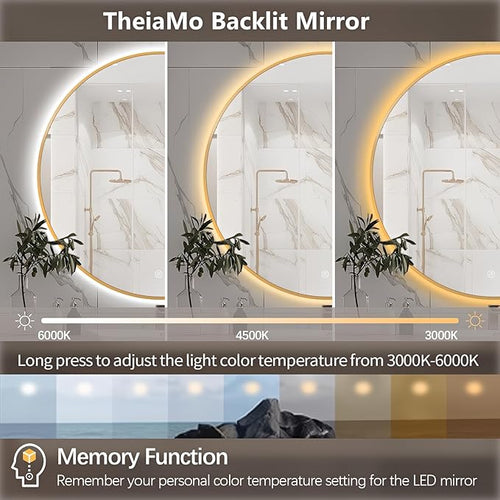 28" Round LED Bathroom Mirror, Wall Mounted Round Backlit Mirror LED Bathroom Vanity Mirror with Lights Fog Free Circle Lighted Mirror with Gold Frame