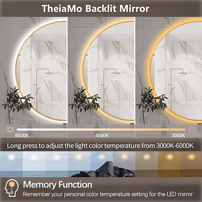 24" Round LED Bathroom Mirror, Wall Mounted Round Backlit Mirror LED Bathroom Vanity Mirror with Light Fog Free Circle Lighted Mirror with Gold Frame, Smart Light up Mirror 3-Color